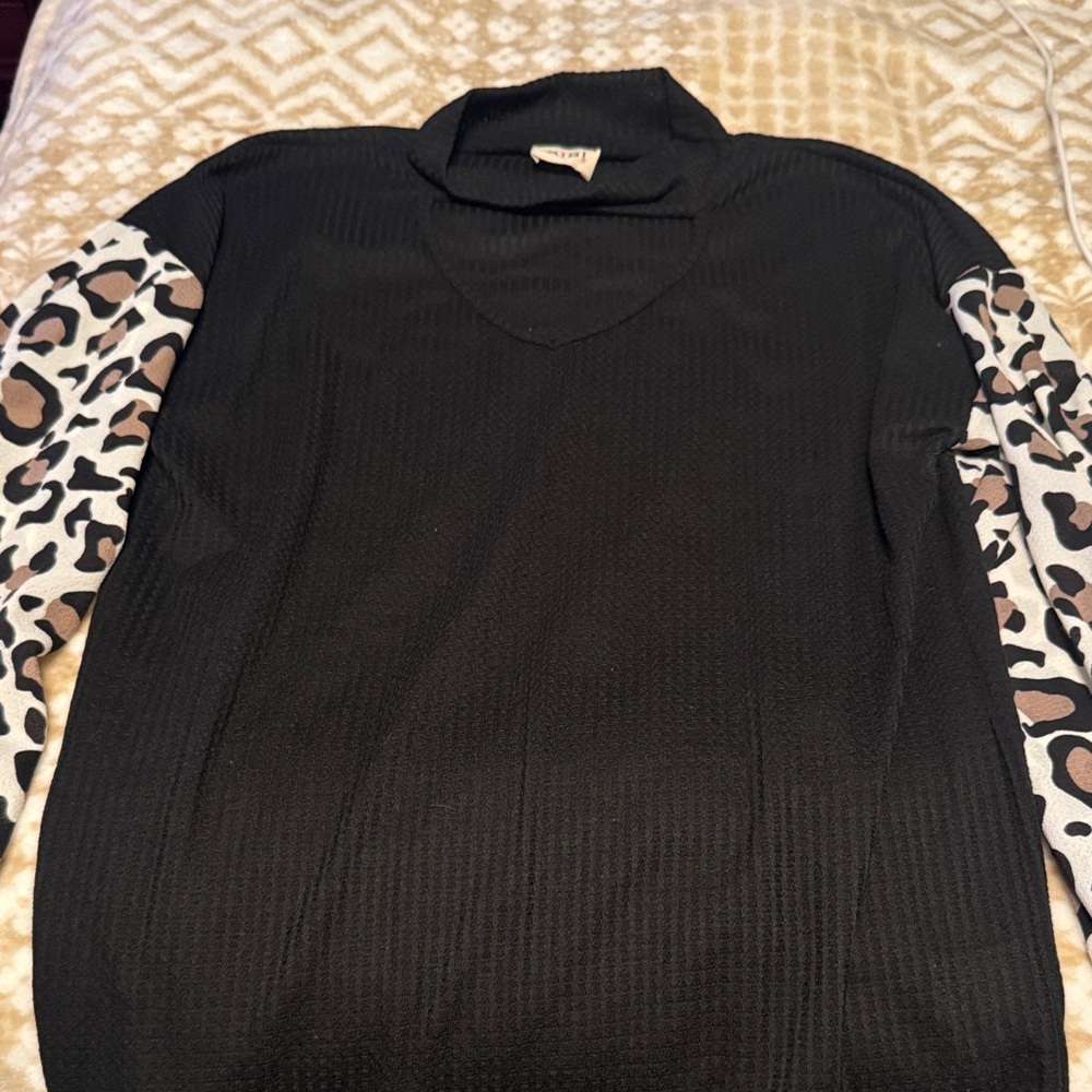 BiBi Black Shirt with Animal Print Sleeves